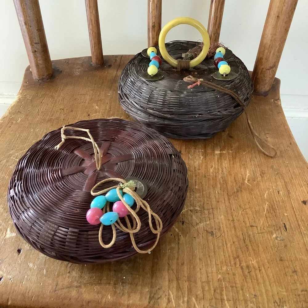 Pair of Vintage Chinese Woven Bohemian Beaded Sewing Baskets